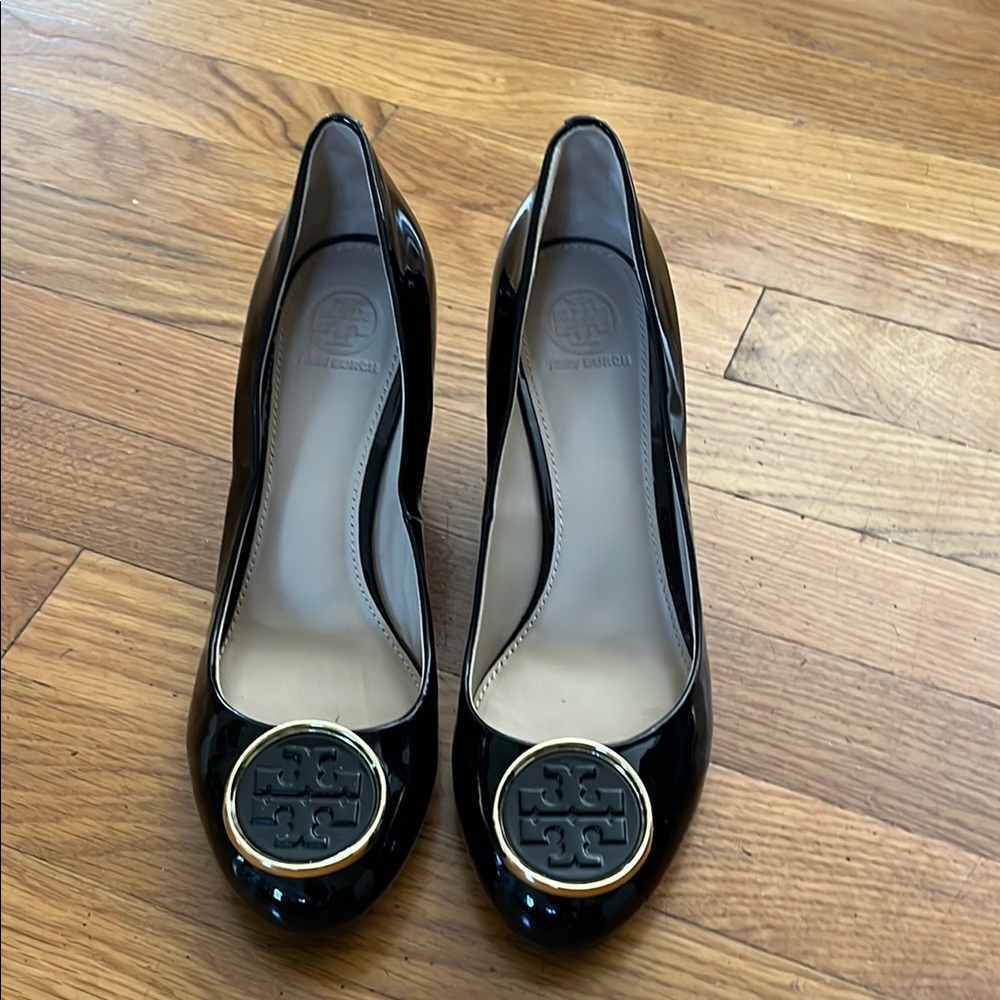 Tory Burch Black Patent Logo Cap-Toe Heels with Gold Trim